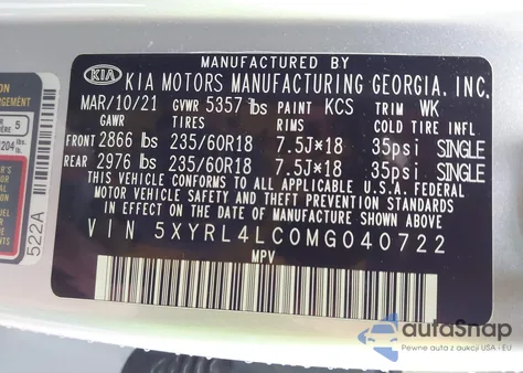 2021 Kia Sorento S из США, поврежденный, VIN 5XYRL4LC0MG040722